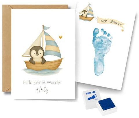 Faltkarte zur Geburt personalisiert mit Name – Glückwunschkarte Baby – Geschenk zur Geburt – Babykarte für Jungen & Mädchen – inkl. Fußabdruck-Erinnerung – Klappkarte – inkl. Umschlag (Pinguin)