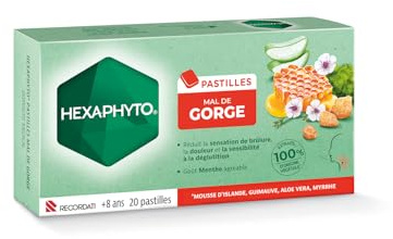 Hexaphyto | Pastilles Mal de Gorge | Réduit la douleur et la sensation de brûlure | Réhydrate & apaise | Mousse d'Islande, guimauve, aloe vera, myrrhe | Goût Menthe | Dès 8 ans | 20 pastilles