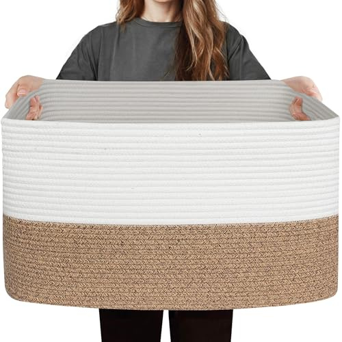 WILLITAT Large Storage Basket, Rectangular Cotton Rope Basket for Blankets, Toys, Clothes, Towels, Woven Baby Washing Basket for Laundry, 56x43x30.5cm, 75L, Brown