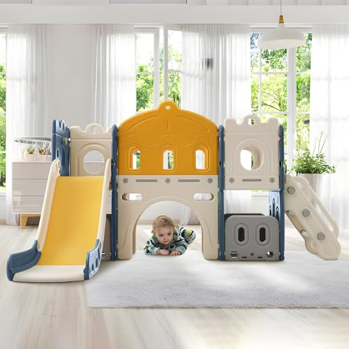 Castillo 6 en 1 con estructura de escalada para interior con tobogán, casa de juegos para niños de 3 a 6 años, juguete de motricidad con canasta de baloncesto y túnel de gateo de HDPE