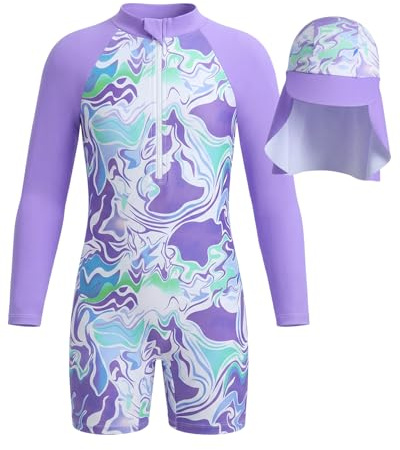 JiAmy Girls Swimming Costume One Piece Swimsuit Long Sleeve Zipper Swimwear UV Sun Protection Rash Guard Bathing Suit Mermaid Swimming Suit with Swim Hat for Girls Purple Wave 11-12 Years