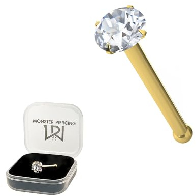 Monster Piercing | 9K Gold Echtgold | Nasenpiercing Nasenstecker Stud | Stabstärke: 22G (0,6 mm) | Stablänge: 6mm | Steingröße: 1,5MM bis 2,5MM | Hypoallergen