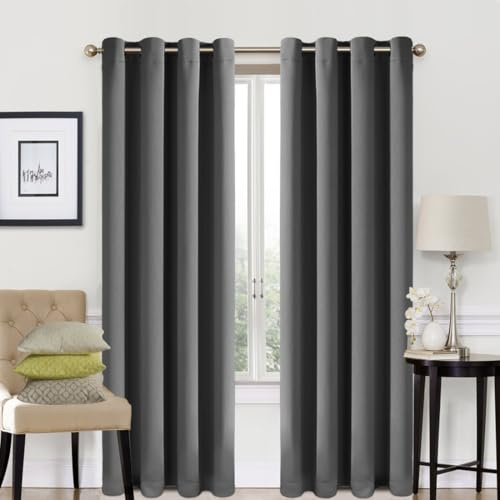 EASELAND Dark Grey Blackout Curtains 46x72 Inch, Thermal Insulated Room Darkening Eyelet Blackout Curtains for Bedroom Living Room Kitchen Nursery, 2 Panels