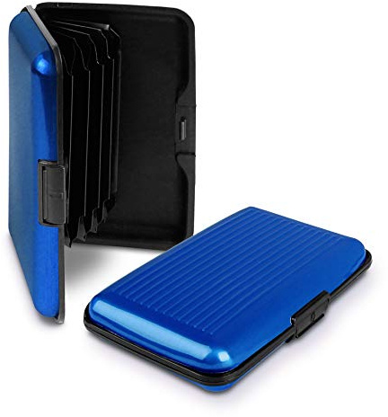 RFID Blocking Anti Scan Aluminium Security Wallet Card Holder Hard Case for Credit Debit ID UK EU Driving License Oyster Travel Points Business Cards and Bank Notes 7 Colours (Blue)