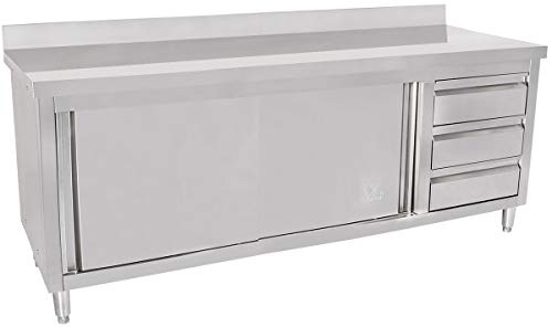 Beeketal 'BAS200-70R' Gastro Edelstahl Küchenschrank mit 3 Schubladen (rechts), 2 Rolltüren und 4 verstellbaren Standfüßen, Küchen Arbeitsplatte mit 10 cm Aufkantung - (L/B/H) ca. 2000 x 700 x 950 mm