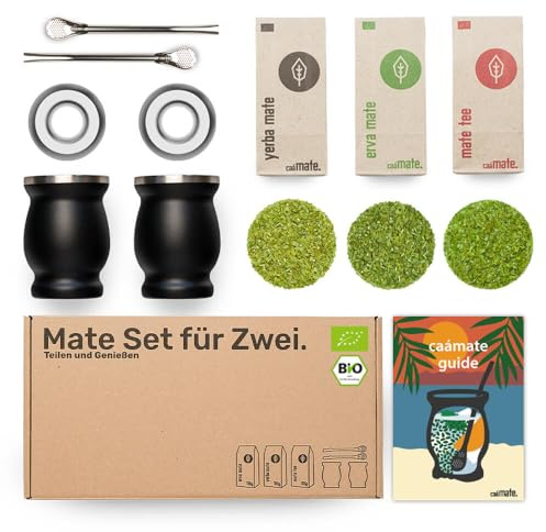 Mate Tee Set Bio ● 3 Matesorten + 2 doppelwandige Edelstahl Matebecher + 2 Bombillas + Zubereitungsanleitung (schwarz)