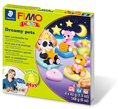 STAEDTLER Spel- och modelleringsset FIMO barn Dreamy Pets, särskilt mjuk modelleringsmassa, spännande barnvänliga projekt främjar finmotorik och kreativitet, 8034 28 LY