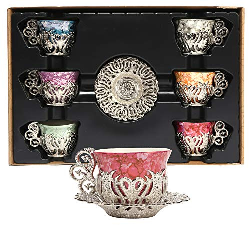 Alisveristime 12-teiliges türkisch-griechisch-arabisches Kaffee-Espressotassen-Untertassen-Set aus Porzellan (Silber)
