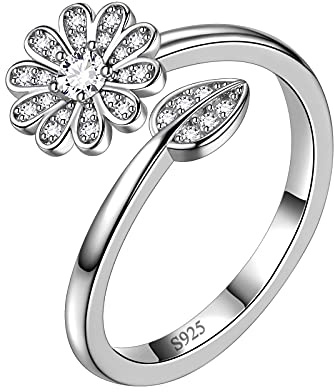 Aurora Tears Sonnenblume Gänseblümchen Blume Einstellbare Ringe 925 Sterling Silber Blume und Blatt Offene Ringe Schmuck Geschenke für Frauen und Mädchen DR0130W