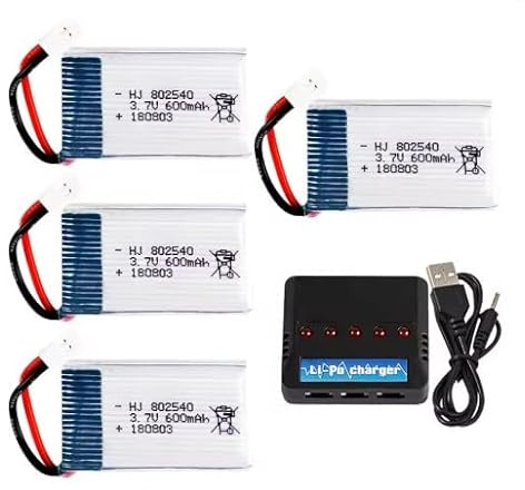 YUNIQUE GREEN-CLEAN-POWER - Set von 4 Lipo-Batterien 3.7V 600mAh für Drohnen | Kompatibel mit Syma X5, Cheerson CX-30W, Skytech M68 | Hohe Leistung und Langlebigkeit | Ladegerät Inklusive, Silber