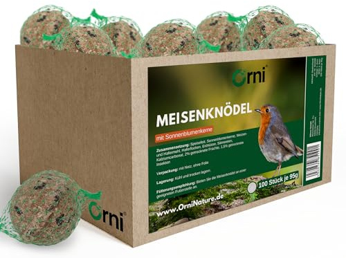 Orni 100 Stück Meisenknödel mit Netz | je 95g leckere Ganzjahresknödel | mit Sonnenblumenkerne | für heimische Wildvögel | ganzjährig | Fettfutter zum Aufhängen