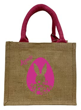 Bedruckte Jutetasche zu Ostern mit Name | Ostertasche Motiv Hase für Kinder | Personalisiertes Osternest zum Befüllen inkl. Namensdruck | Geschenktasche mit Henkel als Osterkörbchen (natur/pink)