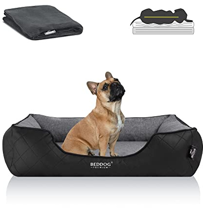 BedDog Premium Ortopedisk hundsäng WUFFI, minneskum, konstläder, hundkuddar, mysig tillsats - THE-ROCK (svart/grå)