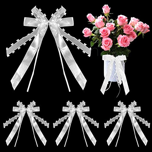 Gvolatee 30 stück 25X12CM Autoschleifen hochzeit, Organza Herzen Schleifen Handgemacht Satinband für Autoschmuck Hochzeitsdeko Antennenschleifen, Hochzeitsschleifen Einfaches Binden am Auto, Weiß