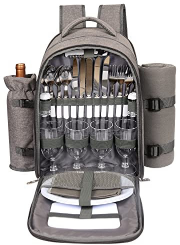 Hap Tim Picknickkorb Rucksack für 4 Personen mit Decke, Weinhalter, Kühlfach, Besteckset, für Paare, Ideen, Verlobungsgeschenke, Grau (3065-G)