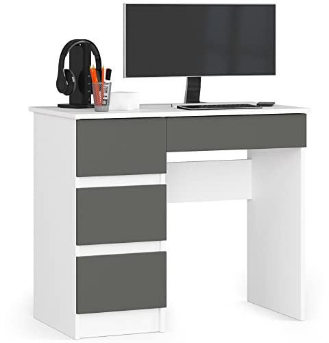 AKORD Schreibtisch A7 90 cm | 4 Schubladen Links | Computertisch | Für Zuhause | Für das Büro | Für die Arbeit | B90 x H77 x T50 cm | Gewicht 30,50 kg | Weiß/Graphitgrau