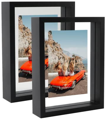 EXYGLO 2 Pack 6x4 Photo Frames with Double Sided Glass, Floating Picture Frames 4x6 Display up to 8x6 photos for Desktop or Wall Hanging, Black