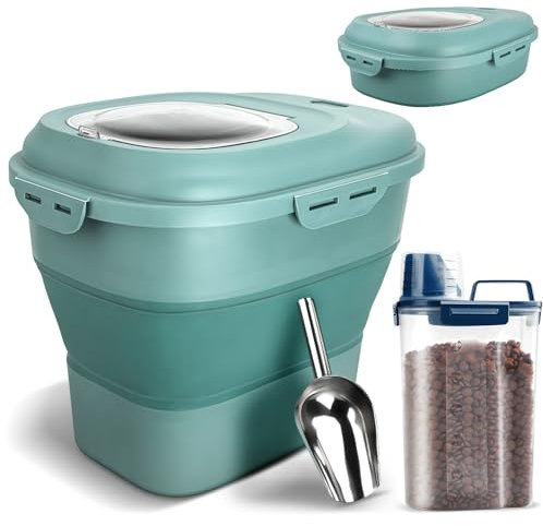 TIOVERY Dog Food Storage Container, Airtight Collapsible 13lb to 30lb Pet Food Container with Flip Top, Rolling Wheel, Scoop and 3L small container for Dog Cat Food and Dry Food of Rice, Flour