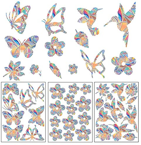 Ezydka 36 Stück Fenster Aufkleber Deko, Fenster Vogelschutz Aufkleber Blumen, Vogel Fensteraufkleber zum Schutz, Prisma Aufkleber für Zuhause, Geschäfte, Klassenzimmer, Büros