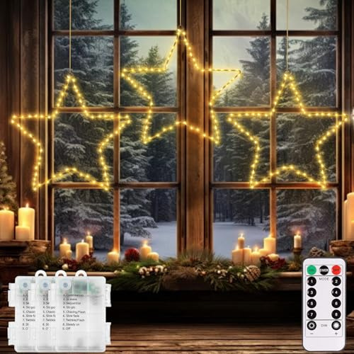 CCILAND 3 Stück LED Stern Lichter Weihnachtsdeko Fenster mit Timer | 180 LED Sterne Weihnachtsbeleuchtung Batteriebetrieben 8 Modi Weihnachtsstern Beleuchtet für Weihnachten Deko-Warmweiß