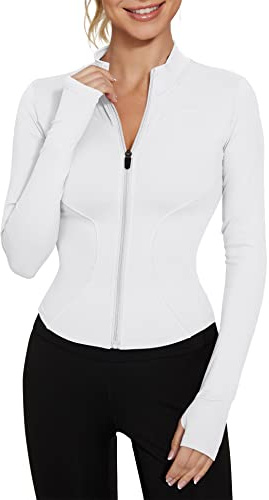 IECCP Gymtopp för kvinnor, långärmad träningstopp, t-shirt, magtröja, yogatröja, löpartröja med halv dragkedja, ventilerande träningskläder med tumhål, B-vitt, S