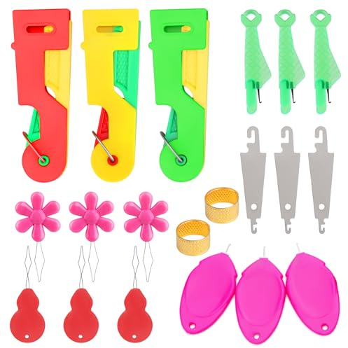 ENCHOL 20 Pcs Needle Threaders for Hand Sewing, Colorful Kit with Flower, Automatic, Gourd, Fish, Thumb Shaped Threaders & Gold Thimble