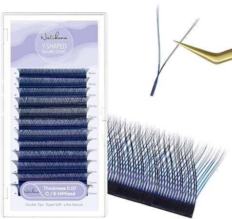 Natuhana Farbige Wimpern Extensions YY-förmiges 0.07 C Curl 8-14mm Volumen 2D Lashes Natürlich Wimpernverlängerung,Professionelles Zubehör für Lash Techs(8-14Mix, 0.07C, Schwarz + Blau)