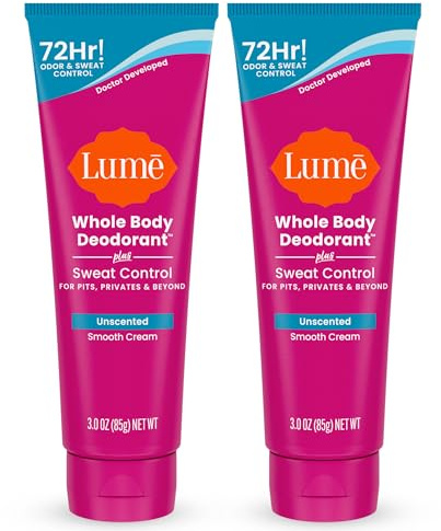 Lume Whole Body Deodorant Plus Sweat Control - Smooth Cream Tube - 72 Hour Odor And Sweat Control - Baking Soda Free, Skin Loving - 3.0 ounce (Pack of 2) (Unscented)