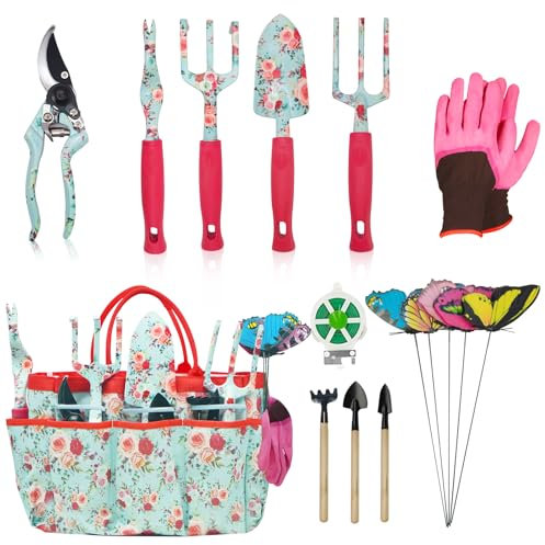 Garden Tools Set, 16 Pieces Gardening Gifts for Women & Men, Heavy Duty Floral Gardening Tools Set with Storage Bag, Ergonomic Garden Gifts Kit for Mum, Girlfriend (Red Flowers)