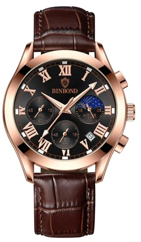 JewelryWe Herrklocka äkta läder multifunktionell klocka: 30 m vattentät kalender analog kvarts armbandsur män brunt läderband svart romerska siffror klocka med lysande visare, kronograf, stoppur, BRUN