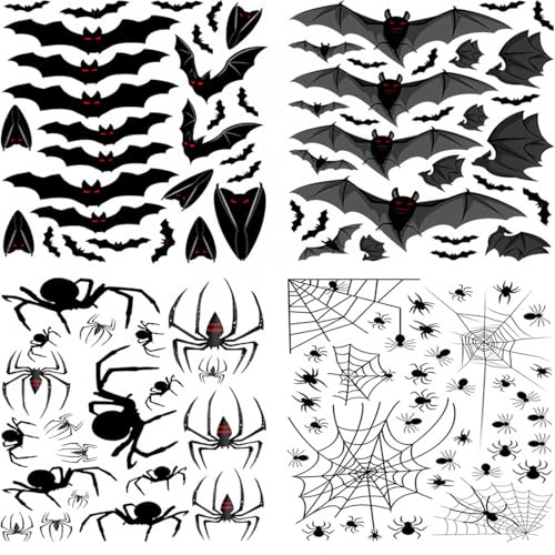 ZKGYUS 113 Stück Halloween Wandaufkleber, 3D Fledermaus Spinne Deko, Wasserdichtes PVC, Gruseliges Schwarzes, DIY Halloween Deko Set für Fensterdeko (4 Bogens)