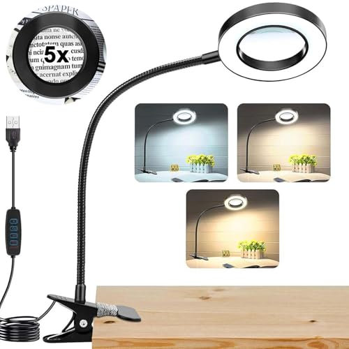 MeYuxg Lupenlampe mit Licht,2 in 1 Lupe mit Licht und Ständer, Lampe mit Lupe 5-Fach Vergrößern,Lupe mit Licht zum Basteln, Nähen, Lesen, zur Wertschätzung von Schmuck, 3 Einstellbare Farbmodi