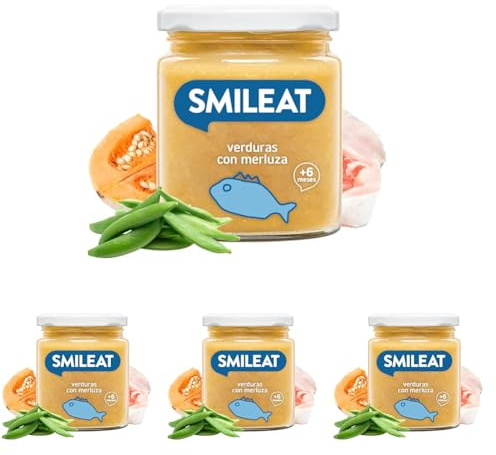 Smileat | Tarrito Ecológico de Verduras con Merluza | Para Bebés desde 6 Meses | Tarritos Ecológicos de Pescado y Verduras Sin Gluten | Con Ingredientes Naturales: Sano y Saludable | Tarro de 230g