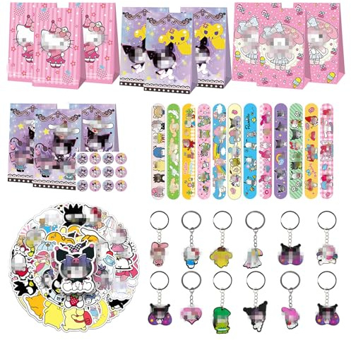 Gxhong 86 Stück Kindergeburtstag Party Mitgebsel, Geschenkset mit 12 Schnapparmbänder, 12 Geschenktüten, 12 Schlüsselanhänger, 50 Aufkleber, Cartoon Party Mitgebsel, Geburtstag Mitgebsel Kinder