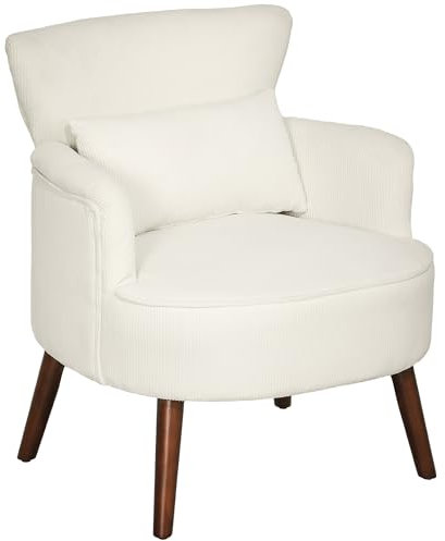 HOMCOM Sessel Loungesessel mit Armlehnen, Polstersessel mit Kissen Armlehnensessel mit Kordoptik, Holzbeine Lesesessel für Wohnzimmer, Schlafzimmer, Cremeweiß