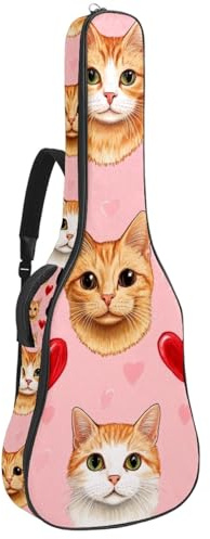 KengjuTesu 43 Zoll Akustikgitarre Softcase mit Rucksackgurt und 2 Taschen Rot Herzen Katzen, Keine Polsterung Rucksack Wasserdicht Oxford Tuch Bassgitarre Gigbag für Konzertgitarre, mehrfarbig,