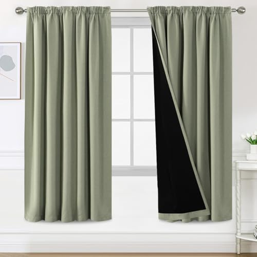 BellaHills 100% Blickdicht Vorhang mit Kräuselband 2er Set H214 x B132 cm Schlafzimmer Gardinen Blickdicht Verdunklungsvorhänge Thermal Curtains Blackout Vorhang, Salbei Hell