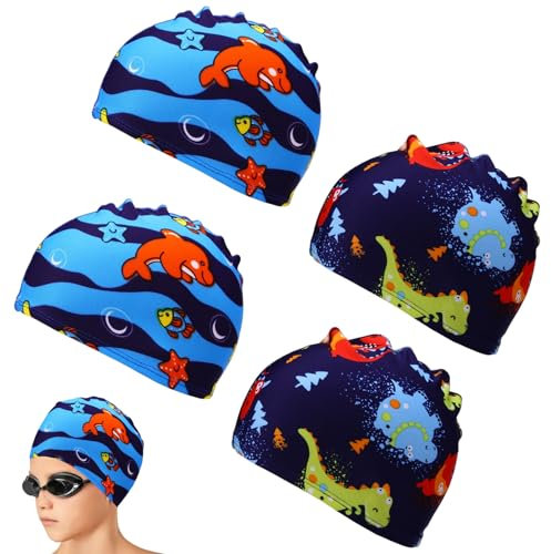 TUONYIS 4 Pcs Swimming Caps for boys 4-10 Years Swim Hat for Kids Waterproof Swim Cap Bathing Cap Stretchy Swimming Hat for Long Short Hair for Kids Boys Girls (2 Patterns)