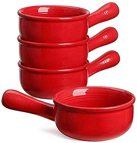 French Onion Soup Bowls with Handles, Durable Ceramic pots, Suitable for Soup, Chilli, Beef stew, muesli, red||4 pcs