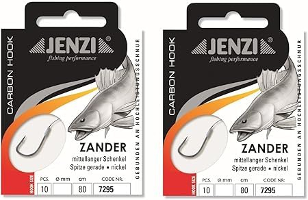 Set 2 Packungen JENZI gebundene Zanderhaken (10 Stück) an monofiler Schnur, 80cm Zander Vorfach montiert Hakengröße, 1, 2, 4 oder 1/0 + gratis Petri Heill! Aufkleber