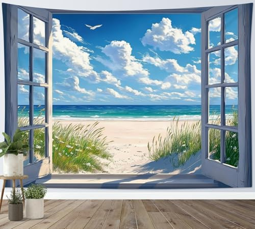 LB Tapiz de Pared Playa Tropical Arte Mural Mar Azul Plantas Verdes Verano Naturaleza Paisaje Decoracion Pared para Dormitorios Salon,150x100cm