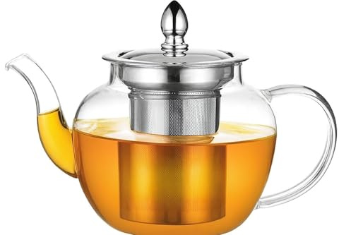 PluieSoleil Glass Teapot with Infuser, Tea Pot Strainer for Loose Tea Leaf, Large Teapot Set, Removable Mesh Filter