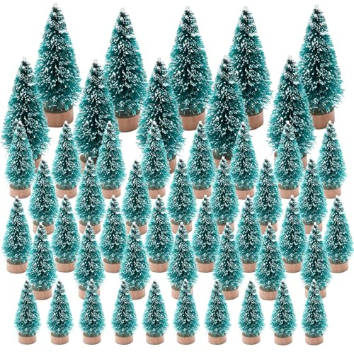 50 Mini sapins de Noël artificiels, 3,5/4,5/6,5/8,5 cm, sapins Verts Miniatures avec Socle en Bois, Petits sapins de Noël Effet Neige pour décoration de Table, vitrines, Cadeaux, Bricolage