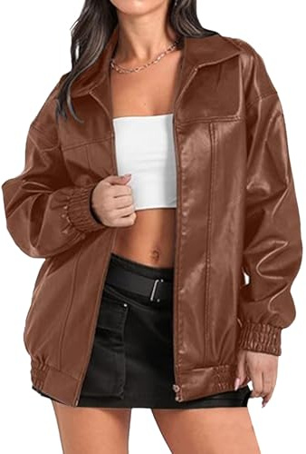 Chaqueta de cuero de gran tamaño para mujer, chaqueta motociclista informal, chaquetas bomber gran tamaño, conjuntos cuero sintético con cremallera