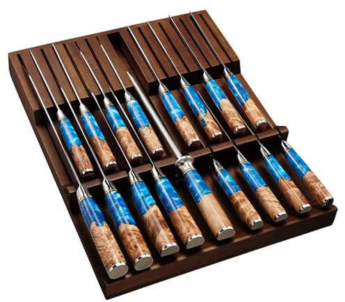 SENKEN In-Drawer Knife Block, Natural Acacia Wood Kitchen Knife Drawer Organizer, Holds 16 Knives + 1 Sharpener Slot for 17 Total Slots, Includes Steak Knife Slots, Space Saving Knife Storage Solution