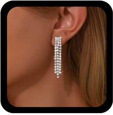 TseenYi Pendientes de borla de cristal vintage de plata larga con cadena de circonita cúbica, aretes colgantes lineales de diamantes de imitación para boda, aretes brillantes para mujer