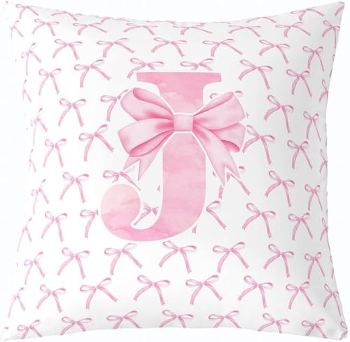 Cartoon Bowknot Kids Throw Pillow Cover,Pink Bow Tie Letter J Knot Princess Double Sides Pillow Case Girls Women,Watercolor Bow Patchwork Pink White Bed Couch Sofa Cushion Cover,Single Pack 18x18