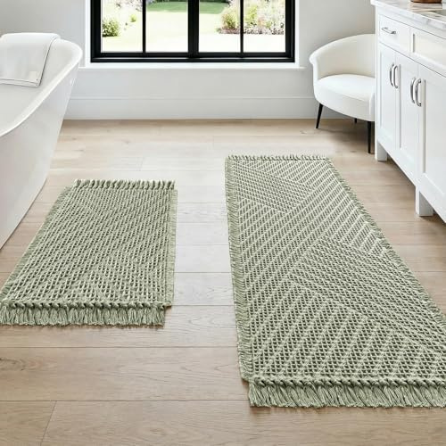H.VERSAILTEX Waffle Bath Mat Super Absorbent Boho Bath Mat Non Slip Bath Rugs for Bathroom Floor Machine Washable Dry Fast Bathroom Rugs with Tassels (47 x 17 Plus 17 x 24 Inches, Sage)
