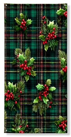 Pancarta decorativa para puerta de Navidad, diseño festivo de hojas de acebo verde rojo, decoración de puerta delantera, suministros de celebración de vacaciones para interiores y exteriores, 36 x 72