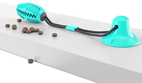 Interactive Dog Toy with Treat Dispenser and Dental Care Features, Textured Chew Ball with Rope, Turquoise, 40 cm (blue)